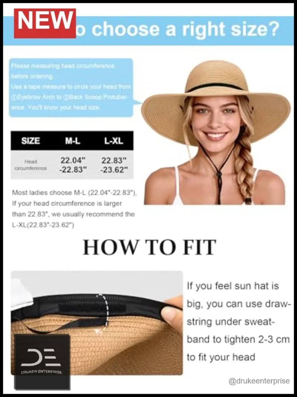 Wide Brim Straw Hat with Chin Strap UPF 50+ Sun Protection